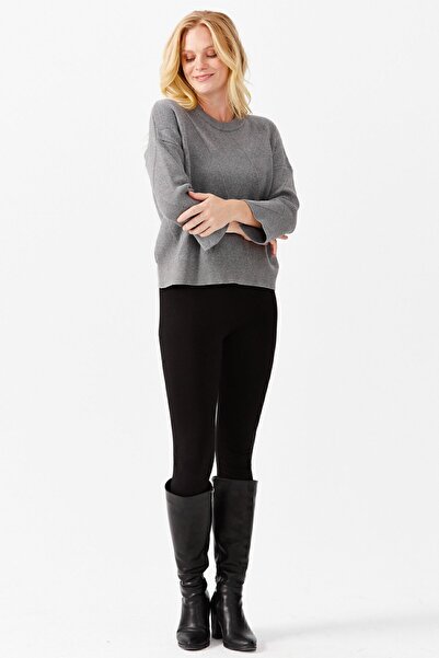 Desen Triko Women's Crew Neck Front Checkered Short Sweater, Smoked