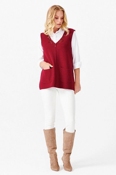 Desen Triko Women's V-Neck Embroidered Pocket Wool Vest