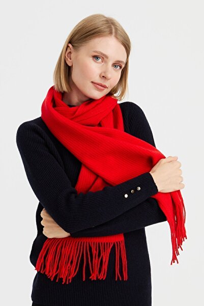 Desen Triko Kadın Triko Tek Renk Püsküllü Yün Kaşkol Mercan