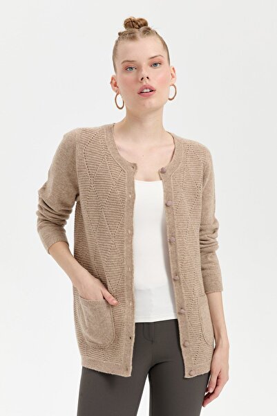 Desen Triko Beige Women's Wool Cardigan - Zero Collar and Front Diamond Seamless Knit