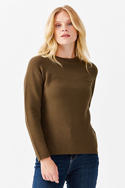 Desen Triko Women's Crew Neck Seamless Knitted Sweater Khaki