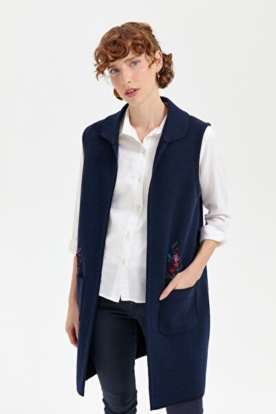 Desen Triko Women's Polo Neck Open Front Embroidered Long Wool Vest Dark Blue