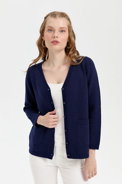 Desen Triko Γυναικεία μάλλινη ζακέτα Navy Blue V Neck Basic - Y.A