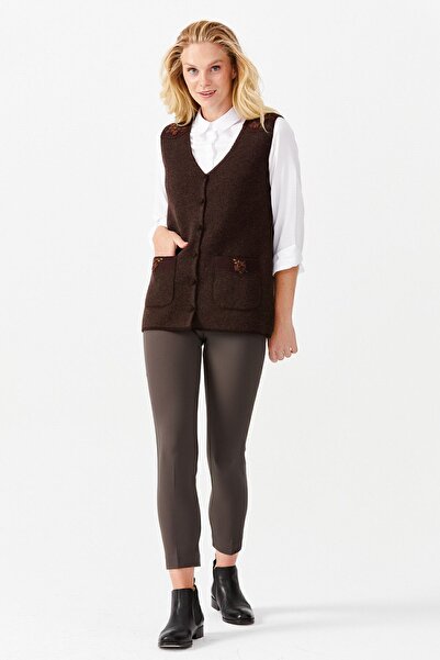 Desen Triko Vestă pentru femei cu decolteu în V, cu buzunar pe umăr, cu nasturi brodate, maro închis