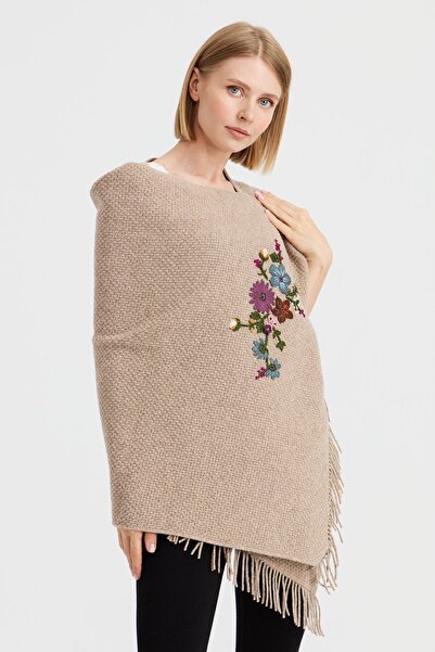 Desen Triko Women's Knitwear Brass Knitted Embroidered Wool Shawl Red Beige