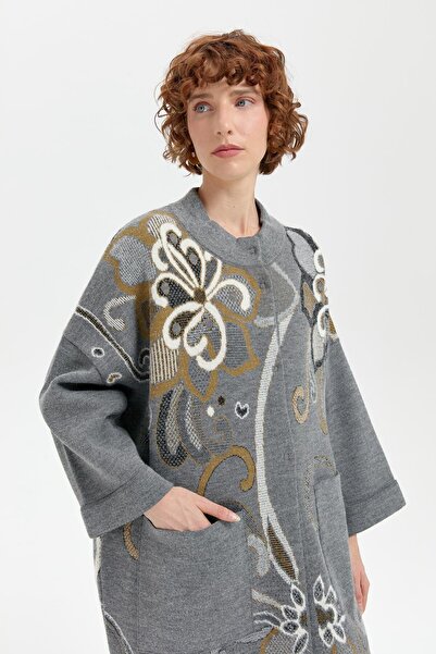 Desen Triko Smoked Black Glitter Large Floral Γυναικείο Poncho - Κολάρα