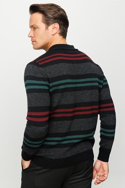 Desen Triko Ανδρικό μπλουζάκι πόλο με πολύχρωμο ριγέ χοντρό μάλλινο πουλόβερ μαύρο