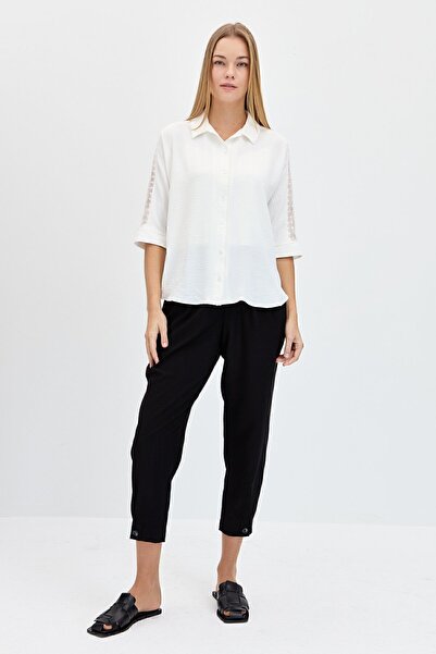 Desen Triko Women's Sleeve Lace Stripe Moroccan Shirt Ecru