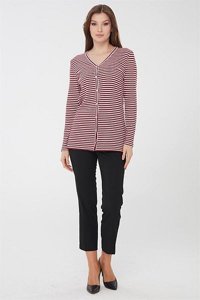 Desen Triko Women's Striped Combed Cotton Cardigan Red