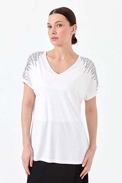 Desen Triko Tricou de damă din bumbac pieptănat cu decolteu în V cu pietre pe umeri alb