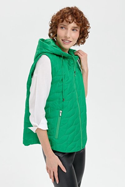 Desen Triko Green Leaf Patterned Hooded Women's Vest