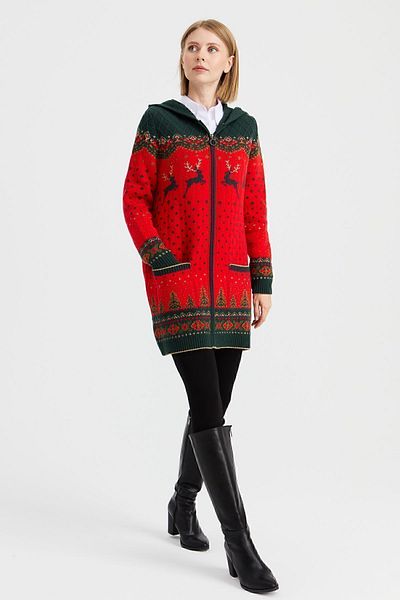 Desen Triko Women's Hooded Deer Patterned Wool Cardigan Coral