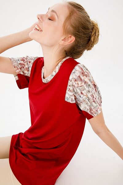 Desen Triko Women's Crew Neck Low Sleeve Floral Printed Combed Cotton Blouse Red