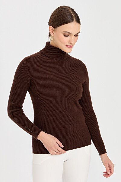 Desen Triko Γυναικείο μάλλινο πουλόβερ με μανίκι με κουμπιά ζιβάγκο M. Brown