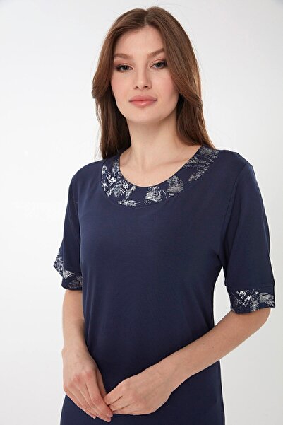 Desen Triko Kadın Sıfır Yaka Kolları Ve Yakası Desenli Penye Elbise Lacivert