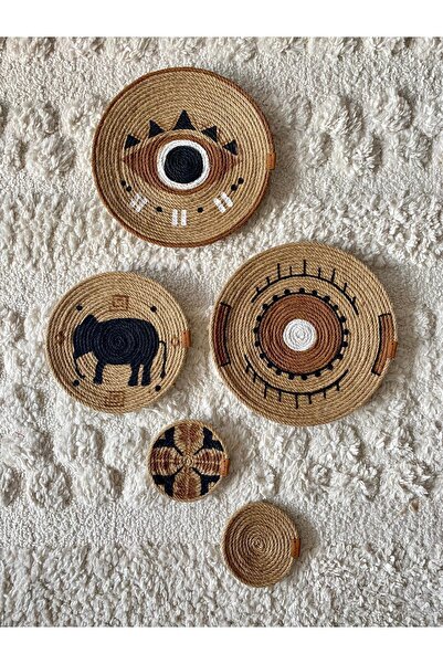 Bohemyuva Africa Dessert 5'li Bohem Afrika Etnik Hasır Duvar Tabak Seti