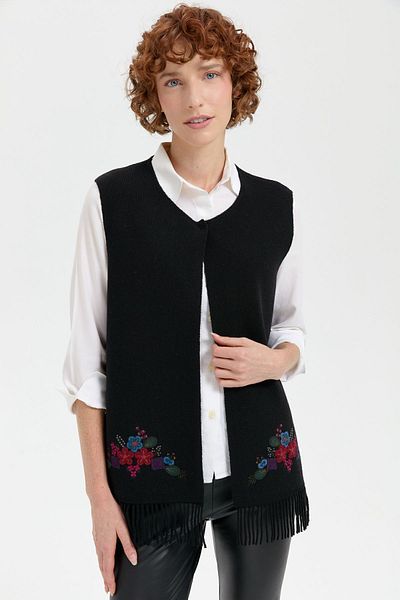 Desen Triko Black Wool Vest - Crew Neck and Embroidered Skirt