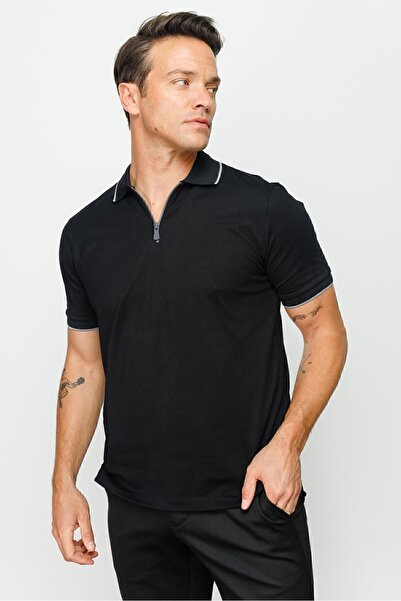 Desen Triko Ανδρικό μπλουζάκι πόλο με φερμουάρ Μαύρο
