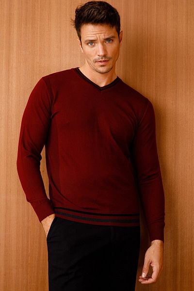 Desen Triko Men's Collar Edge Striped V-Neck Sweater Claret Red