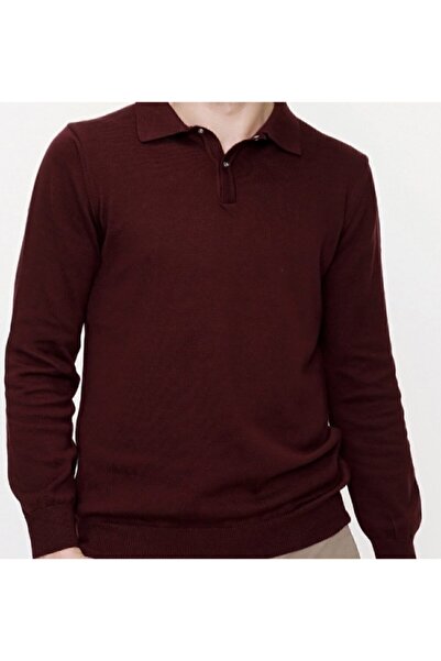 Desen Triko Men's Polo Neck Diamond Patterned Knitwear Sweater Claret Red