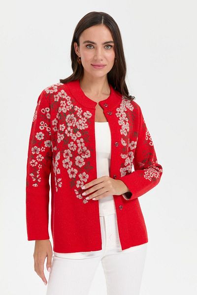 Desen Triko Coral Colored Stand Collar Puppy Flower Patterned Women's Woolen Jacket