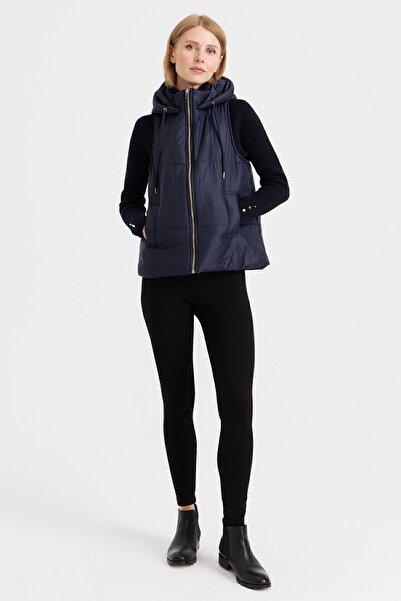 Desen Triko Жіночий короткий утеплений жилет з капюшоном, темно-синій