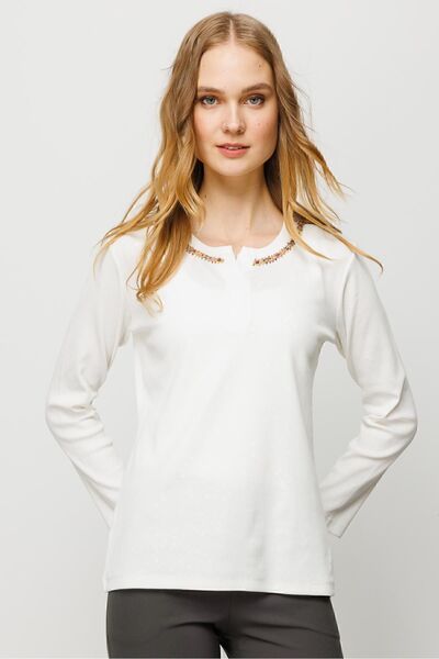 Desen Triko Γυναικεία βαμβακερή μπλούζα καμιζόλα με κεντημένο γιακά, λευκή