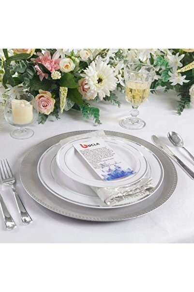 Partioutlet Beyaz Gümüş Çizgili Mika Tabak 6 Adet 26 Cm