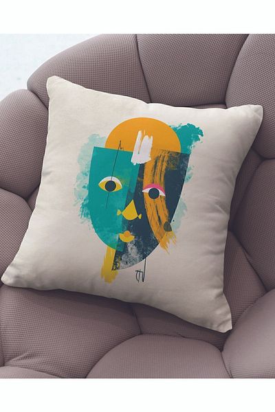 ÖZENEV Velvet 43x43 Cm Throw Pillow Case Decorative Soft Living Room Abstract Face