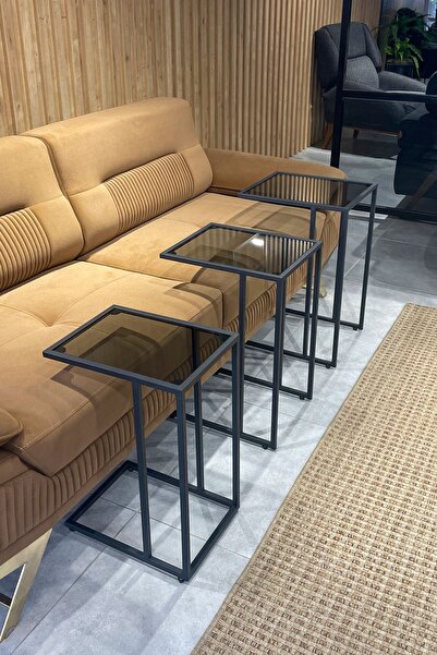 ASA KONSEPT 3'lü C Sehpa SİYAH, Füme Güvenilir Temperli Camlı, Çok Amaçlı Met...