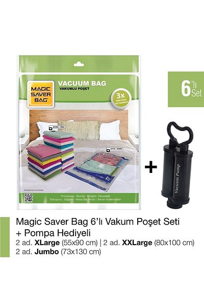 Magic Saver Bag 6-Piece Mixed Vacuum Bag Set + Pump Gift