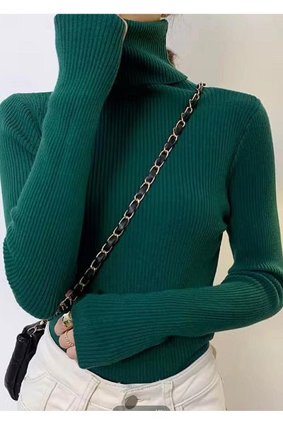 LUPERCUS Pulover verde unisex din tricotaj - cu gât roscat, cu gât subțire