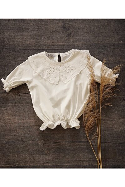 eladamoda Beyaz Fisto Yakali Beli Lastikli Kız Çocuk Pamuklu Bluz