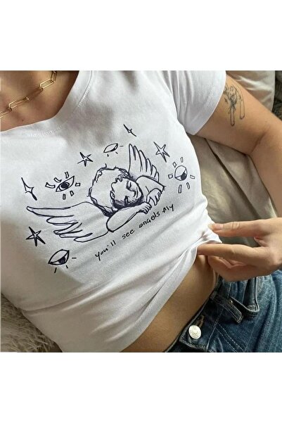 Le Savu Bluză crop cu imprimeu cu desen de înger