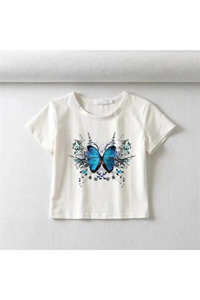Le Savu Sevunera Butterfly & Flowers cu imprimeu Crop alb cu culori