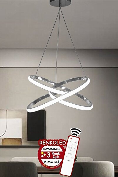 Renkoled Aydınlatma Kumandalı 3 Renk Işıklı Modern Sarkıt Led Avize Krom Kasa Salon,oda ,mutfak ,hol Efsane