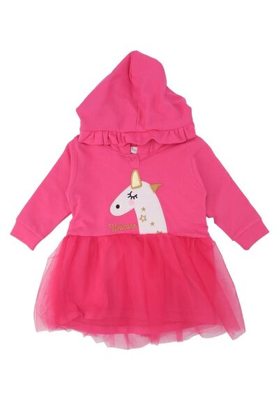 Bebelop Kız Bebek Unicorn Baskılı Kapüşonlu Penye Tüllü Elbise