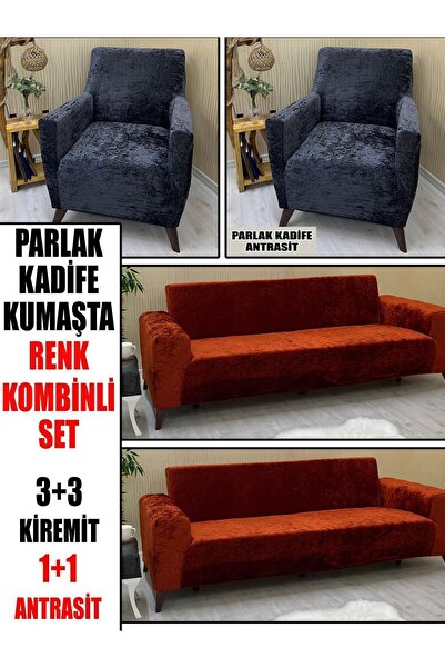 KILIFSAN PARLAK KADİFE KUMAŞ RENK KOMBİNLİ 2 ADET ÜÇLÜ & ÇEKYAT- 2 ADET TEKLİ...
