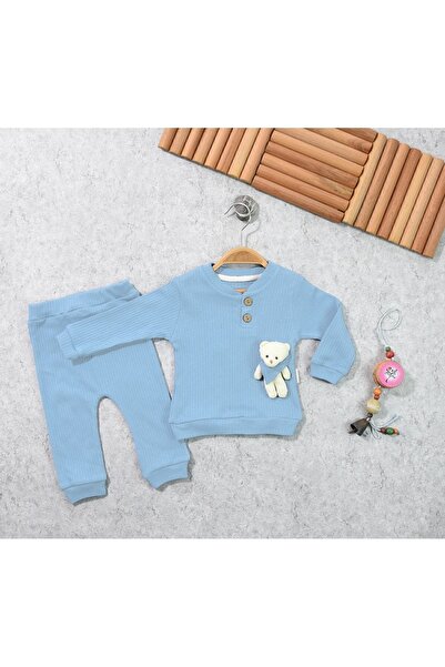 Bebelop Buttoned Baby Girl Top and Bottom Set with Teddy Bear