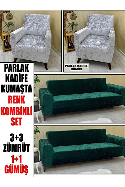 KILIFSAN PARLAK KADİFE KUMAŞ RENK KOMBİNLİ 2 ADET ÜÇLÜ & ÇEKYAT- 2 ADET TEKLİ...