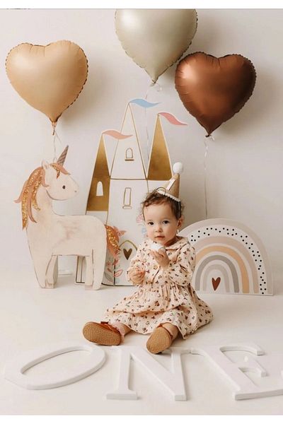 Çemrek Süs Parti White Wooden One Beige Coffee Heart Foil Balloon 3 Pieces and 1 Year Old Hat Set