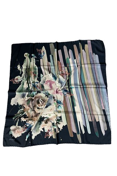 PİRAMİT 90cm X 90cm Pyramid Digital Printed Floral Pattern Scarf - Dark Navy Es-03