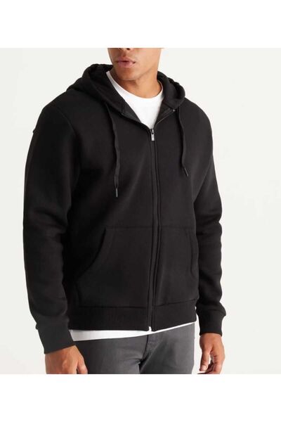 ahsetekstil Men's Black 3 Thread Raster Hooded Zippered Cardigan