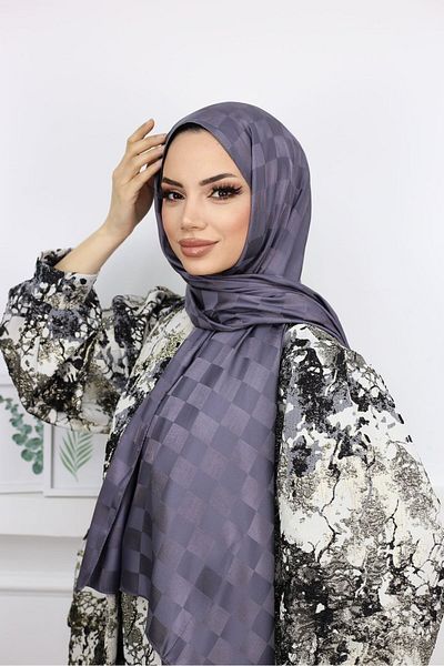 Trablus Checkerboard Patterned Hijab Women's Silky Jacquard Shawl