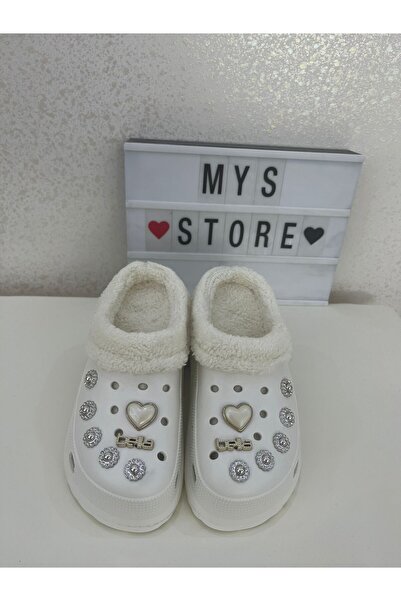 Akınal Bella White Stoned Women's Winter Slippers