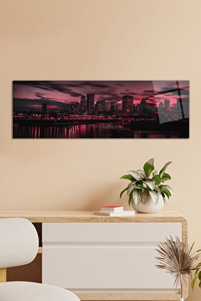Vosevu Kırmızı Şehir Manzarası Panoramik Cam Tablo, Modern Ev ve Ofis Dekoru,...