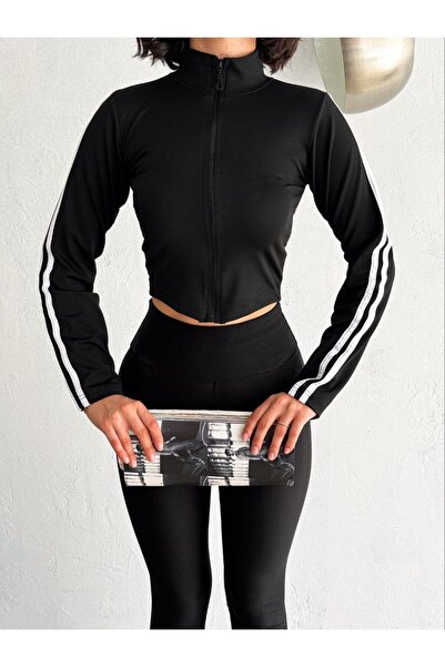 AB LOOKS Striped Triangle Detailed Zippered Long Sleeve Women's Sports Cardigan