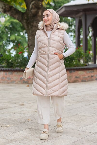 LOCCO Beige Women's Inflatable Vest - Hooded and Sleeveless