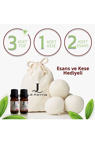 LaPatria 3 Adet Xxxl Yün Çamaşır Kurutma Makinesi Topu(KESE VE 2ADET ESANS YAĞ 10ML HEDİYE)