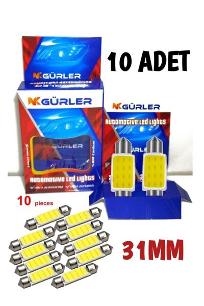 gürlerotoaksesuar Sofit Cob Led Ampül 10 Adet 12v 31mm Japon Oto Tavan Led